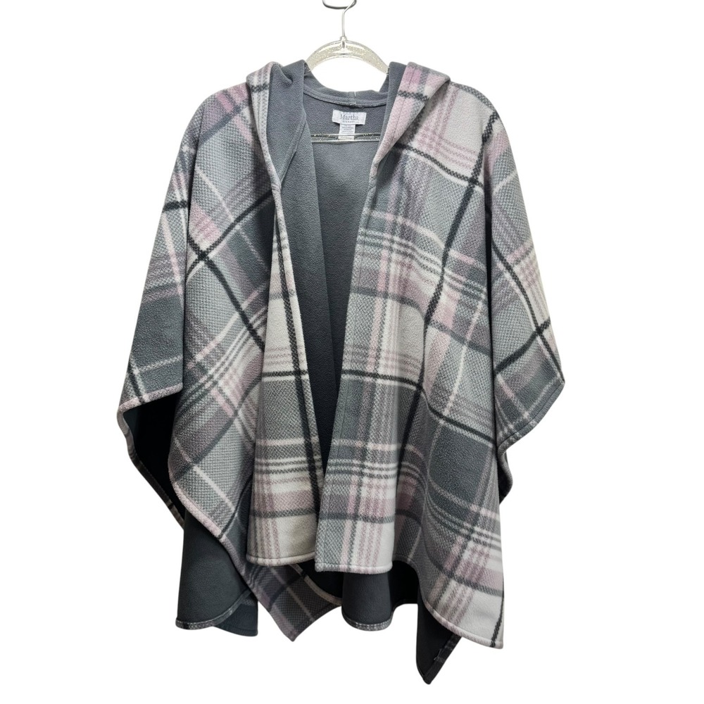 Martha Stewart Fleece Plaid Wrap Cape Preppy Hooded‎ One Size Poncho Pink Gray